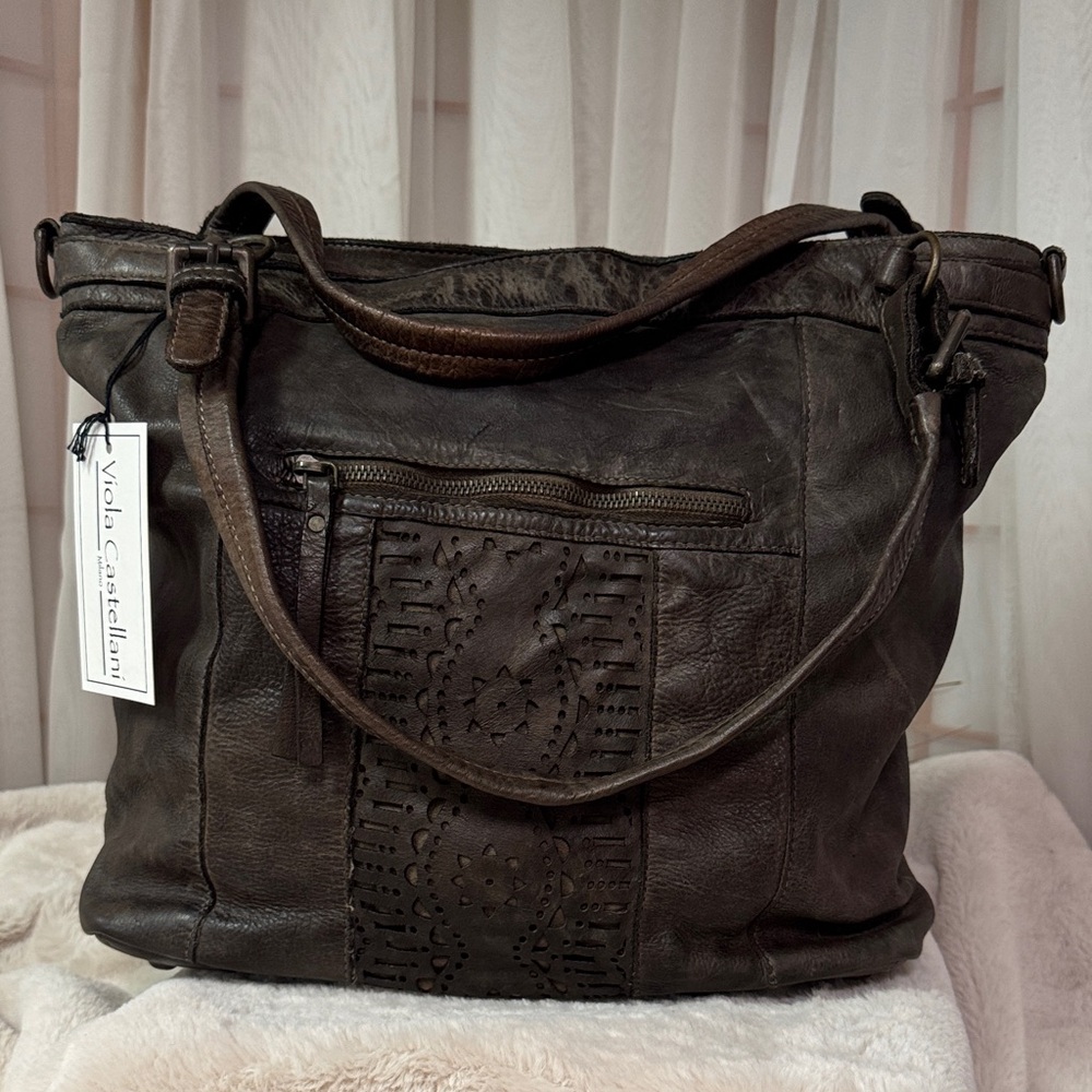 Viola Castellani Taupe Leather Tote Bag